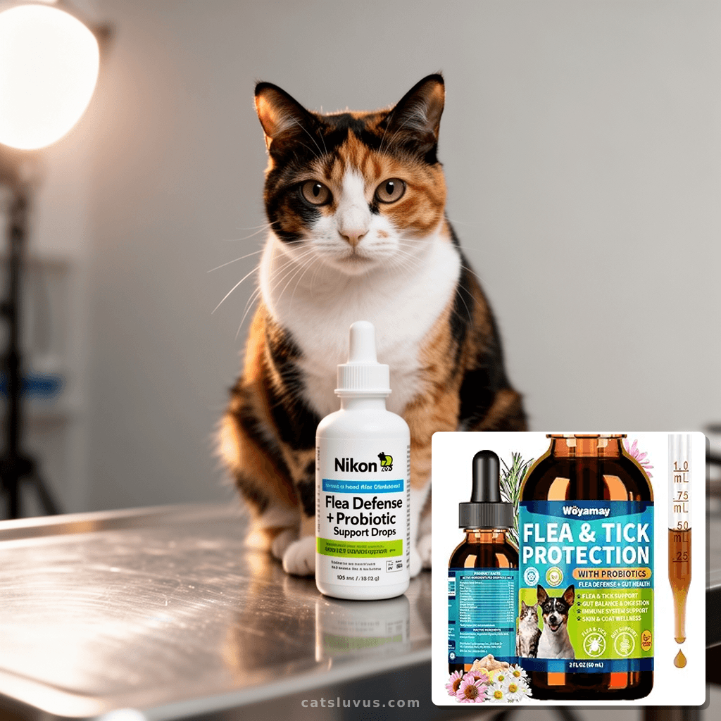 Flea Defense + Probiotic Support Drops with cat - professional product lifestyle photo