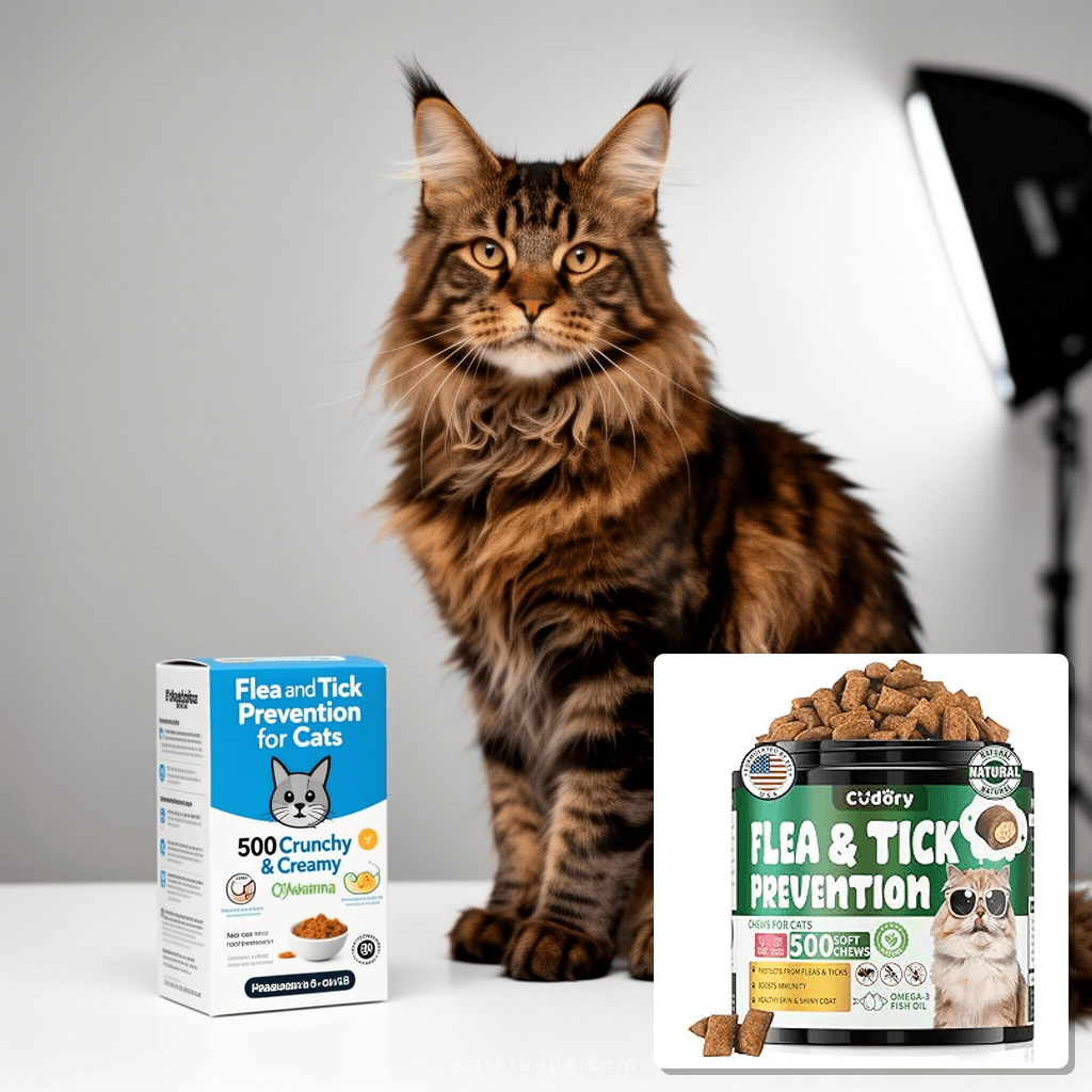 Flea and Tick Prevention for Cats – 500 Crunchy & Creamy with cat - professional product lifestyle photo