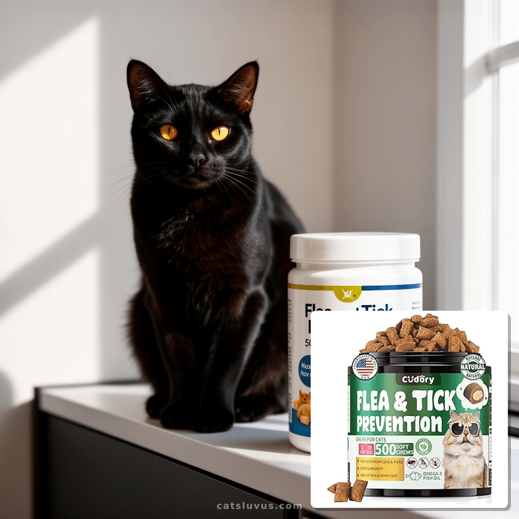 Flea and Tick Prevention for Cats – 500 Crunchy & Creamy with cat - professional product lifestyle photo