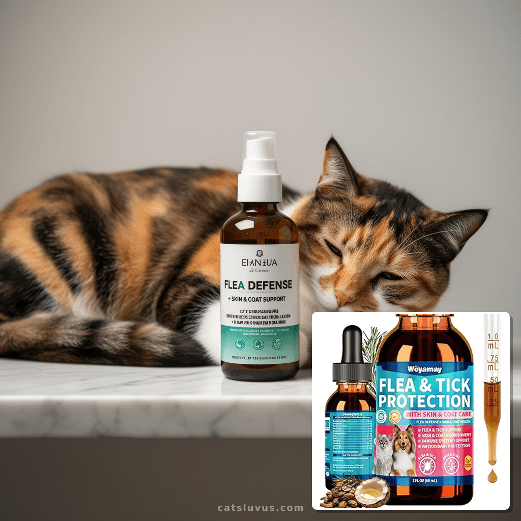 Flea Defense + Skin & Coat Support with cat - professional product lifestyle photo