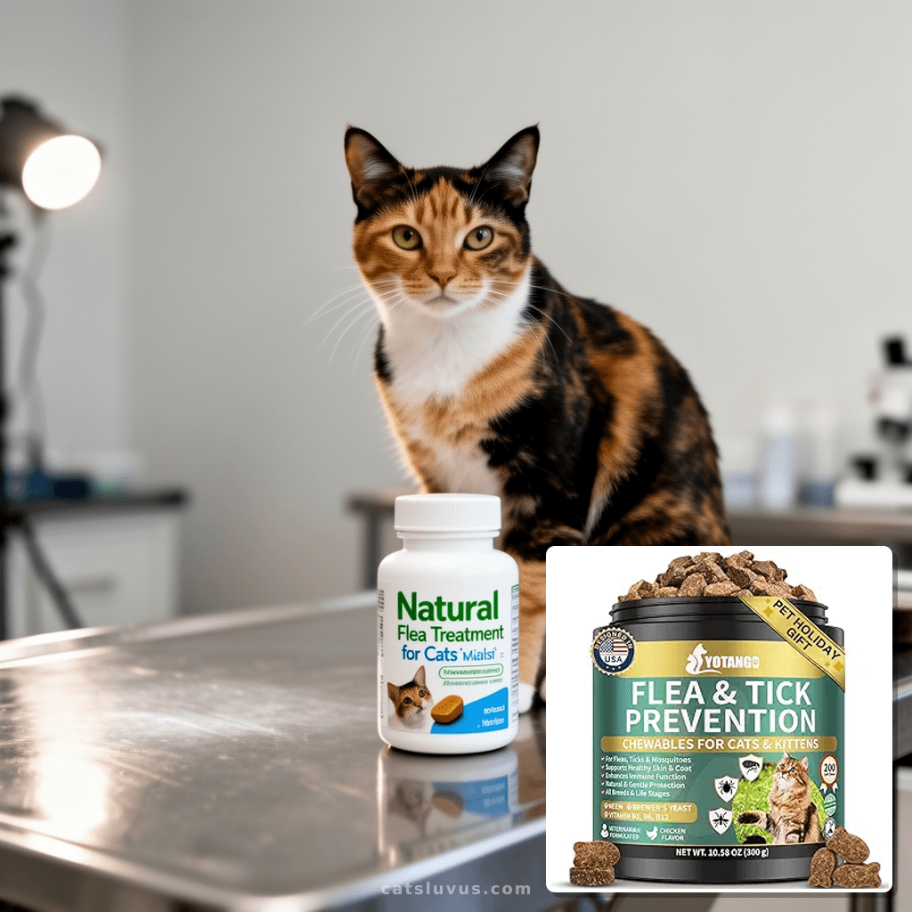 Natural Flea Treatment for Cats Chewables with cat - professional product lifestyle photo