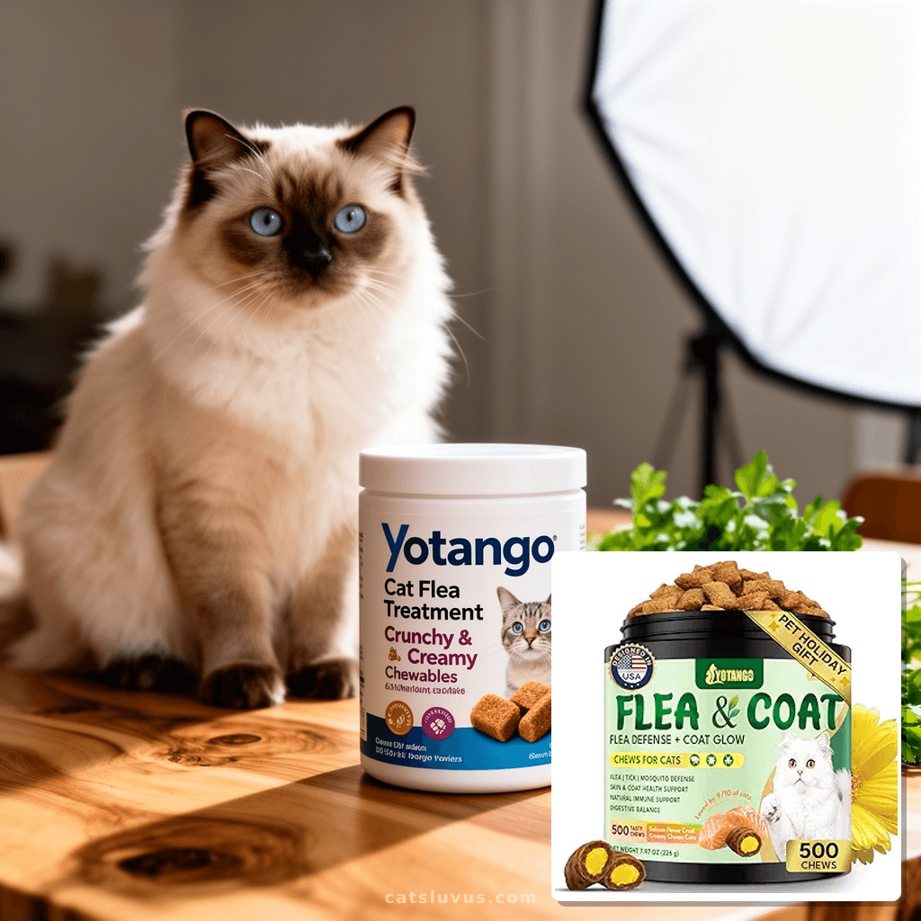 YOTANGO Cat Flea Treatment Crunchy & Creamy Chewables with cat - professional product lifestyle photo