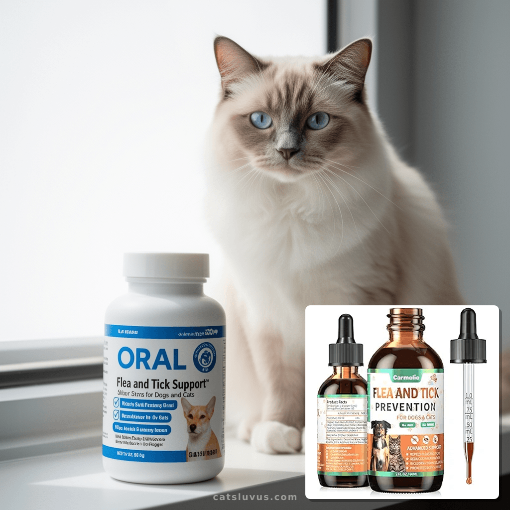Oral Flea and Tick Support for Dogs and Cats with cat - professional product lifestyle photo