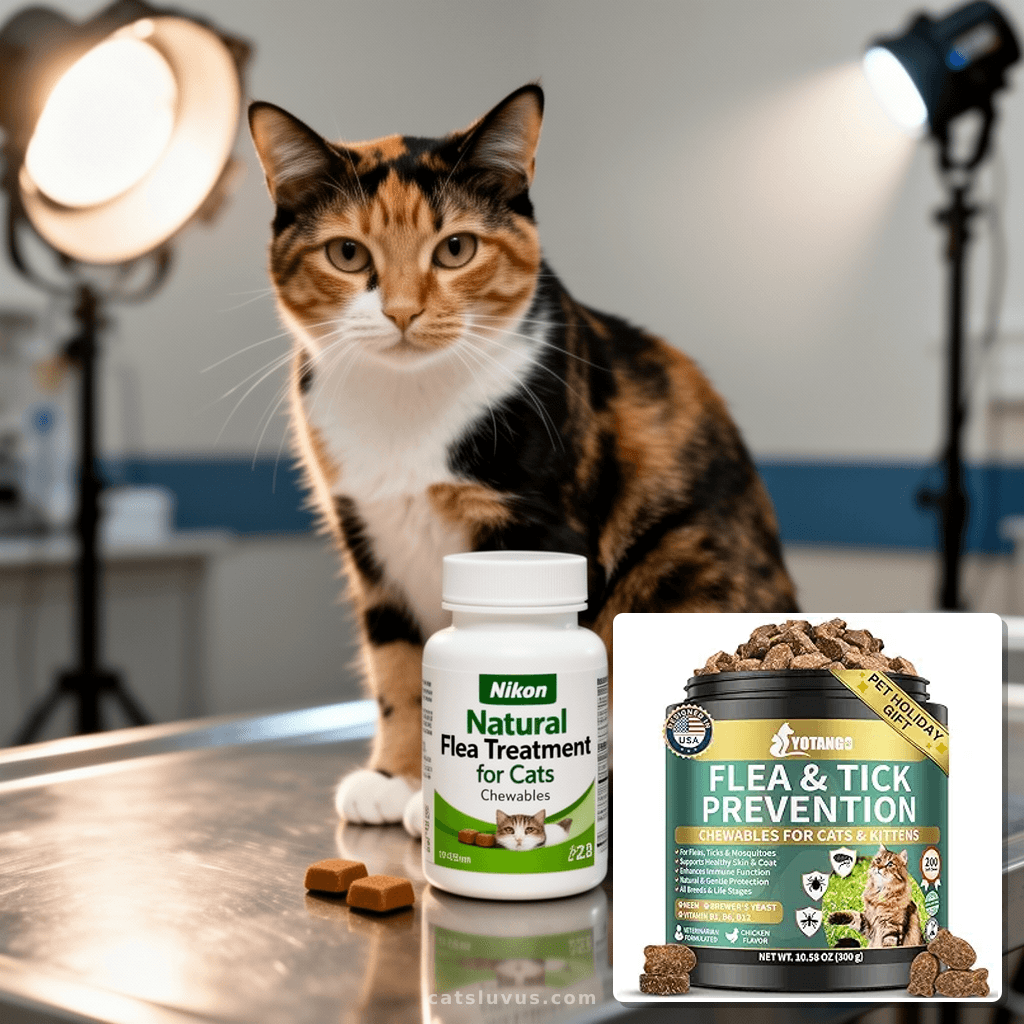 Natural Flea Treatment for Cats Chewables with cat - professional product lifestyle photo