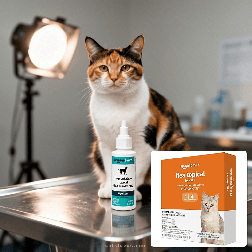 Amazon Basics Preventative Topical Flea Treatment for Medium with cat - professional product lifestyle photo