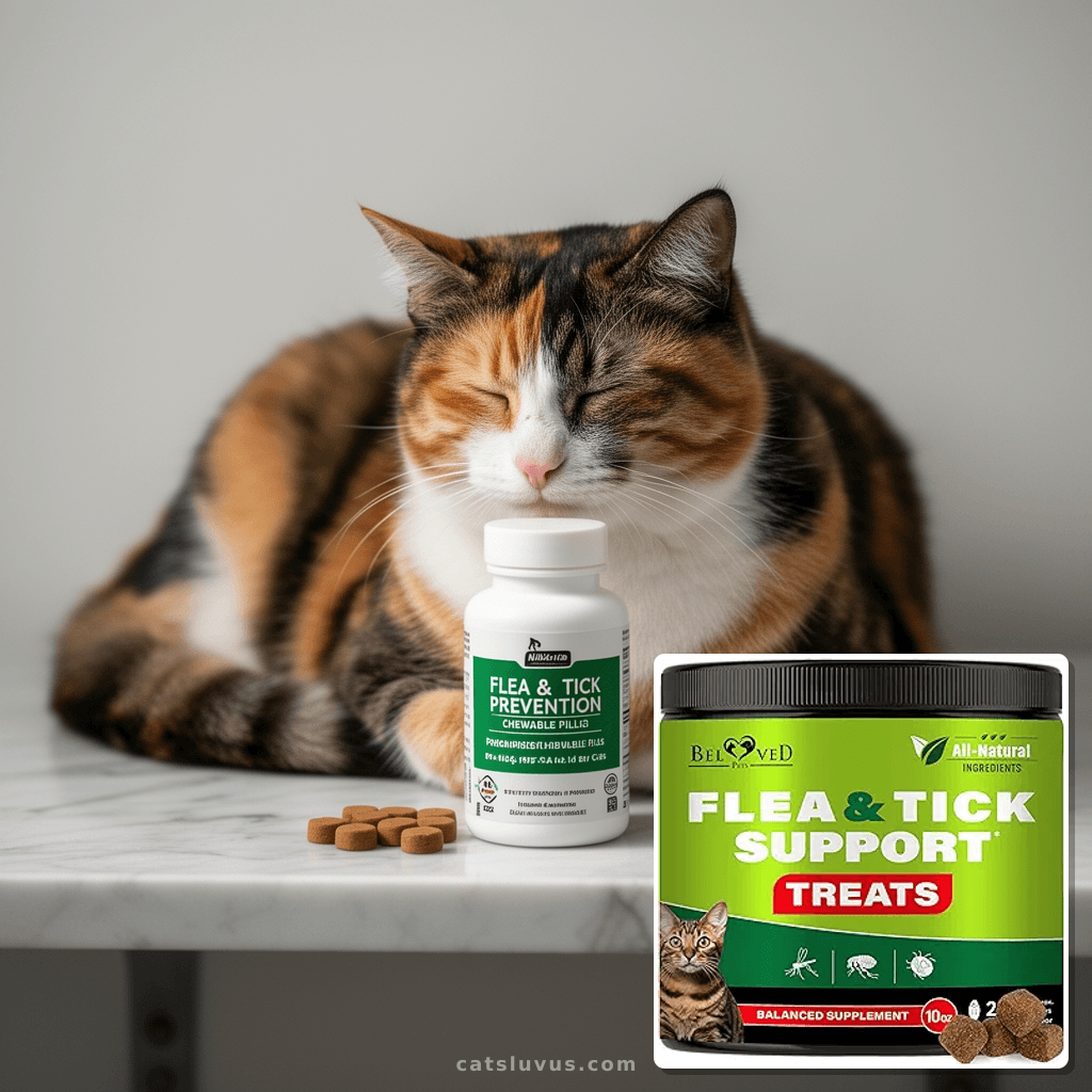 Flea and Tick Prevention Chewable Pills for Dogs and Cats - with cat - professional product lifestyle photo