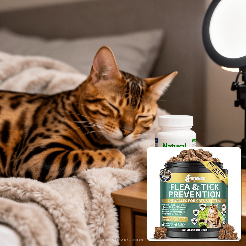 Natural Flea Treatment for Cats Chewables with cat - professional product lifestyle photo