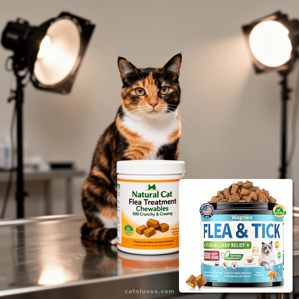 Natural Cat Flea Treatment Chewables – 500 Crunchy & Creamy with cat - professional product lifestyle photo