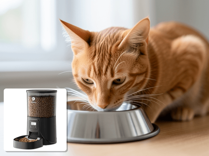 Cat owner reviewing automatic cat feeder for messy eaters options for their pet in 2026