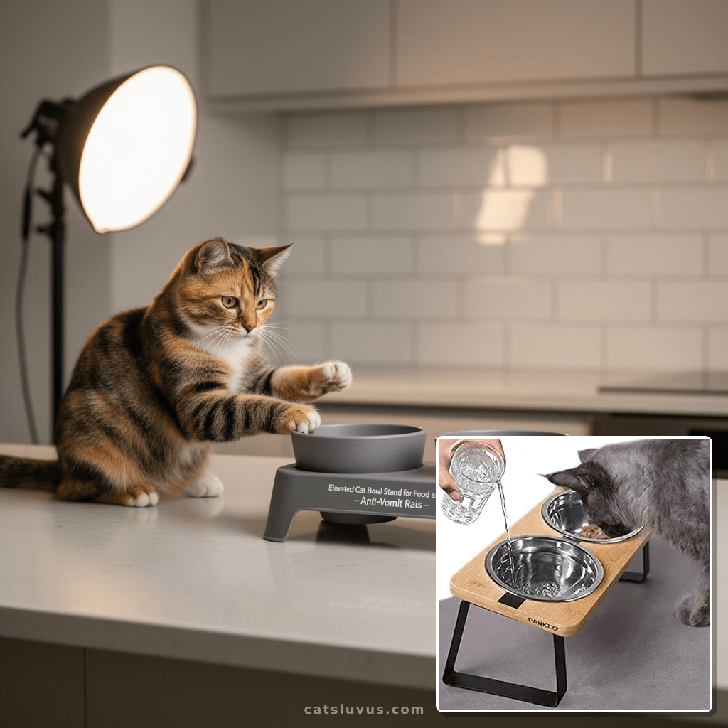 Elevated Cat Bowl Stand for Food and Water – Anti-Vomit Rais with cat - professional product lifestyle photo