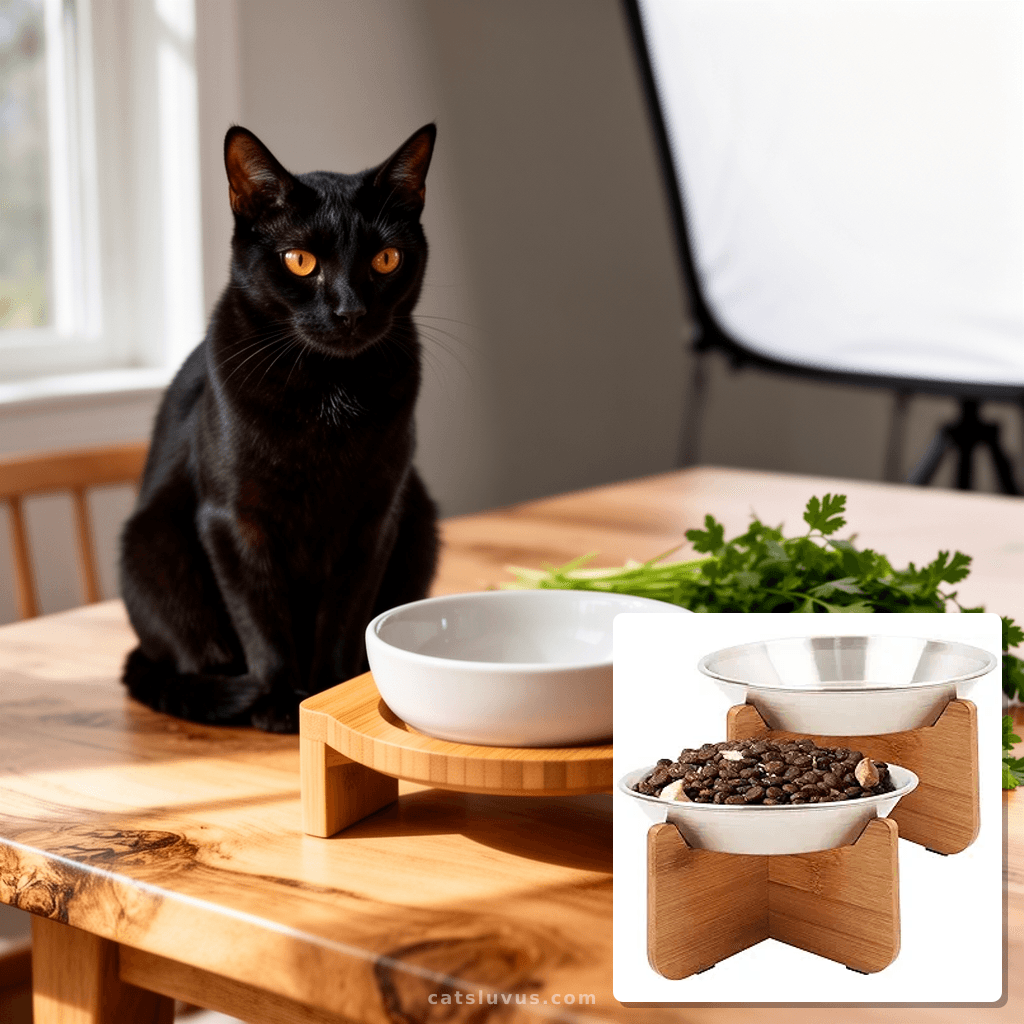 FUKUMARU Elevated Cat Ceramic Bowls with cat - professional product lifestyle photo