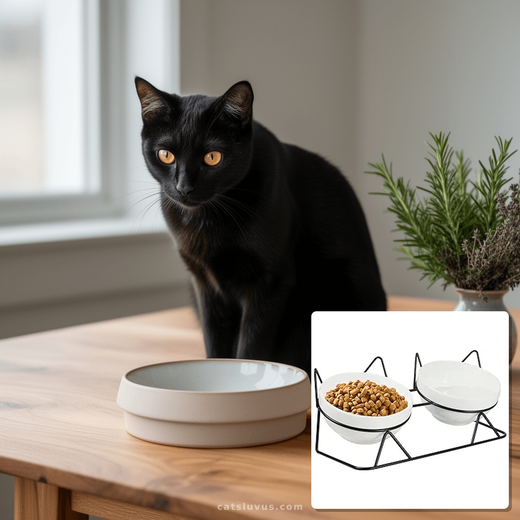 Elevated Tilted Cat Bowls for Indoor Cats，Raised Ceramic Cat with cat - professional product lifestyle photo