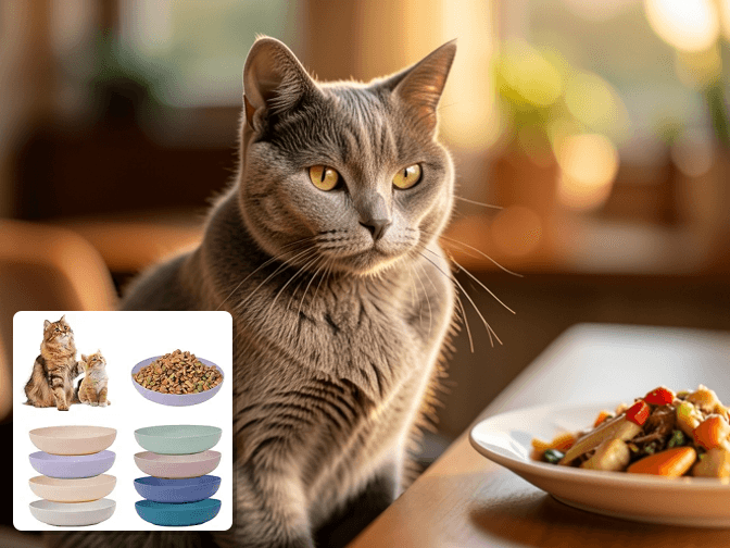 Cat owner reviewing cat food bowls for senior cats options for their pet in 2026