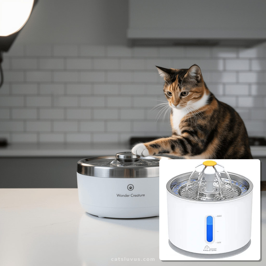 Wonder Creature Cat Water Fountain with Stainless Steel Lid with cat - professional product lifestyle photo