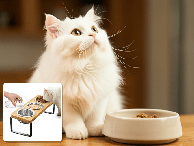 Cat owner reviewing cat food bowls with splash guard options for their pet in 2026