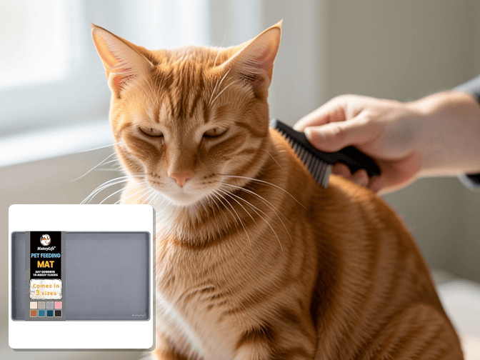 Cat owner reviewing cat food mat for messy eaters options for their pet in 2026