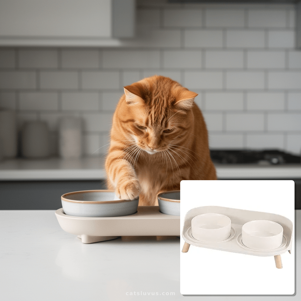 Raised Cat Food and Water Bowl Set - Elevated Ceramic Dishes with cat - professional product lifestyle photo