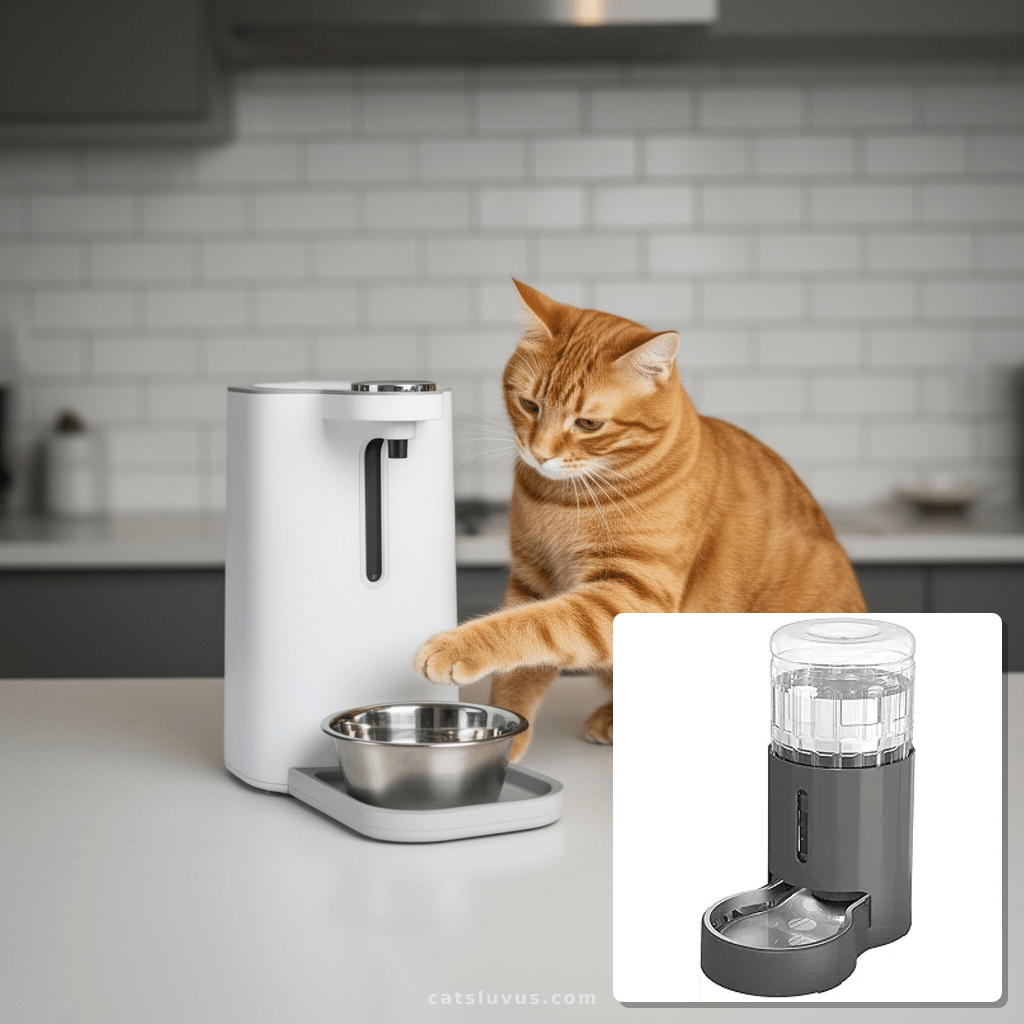 Cat Water Dispenser and Stainless Steel Bowl with cat - professional product lifestyle photo