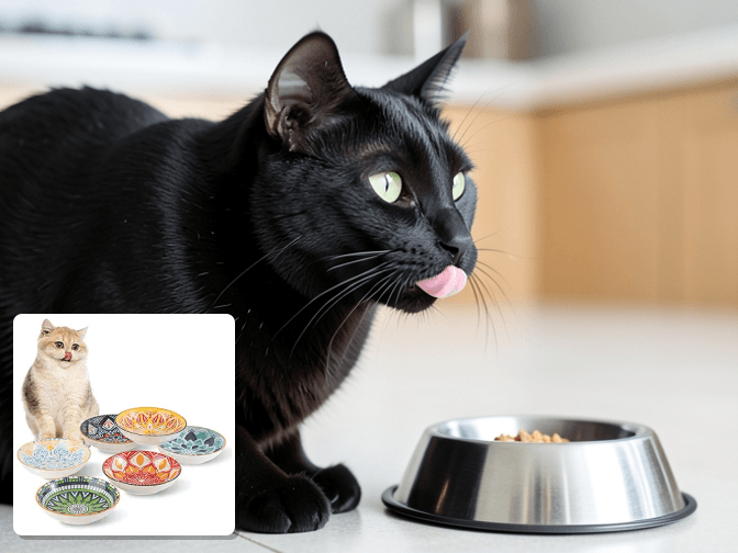 Cat owner reviewing ceramic cat food bowls for messy eaters options for their pet in 2026