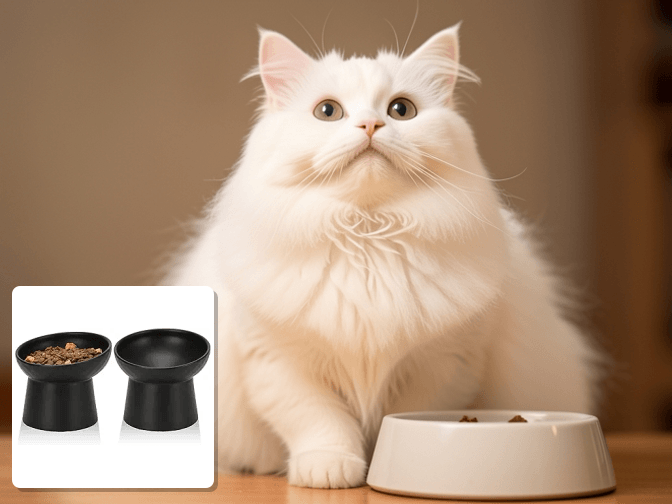 Cat owner reviewing elevated cat food bowls for messy eaters options for their pet in 2026