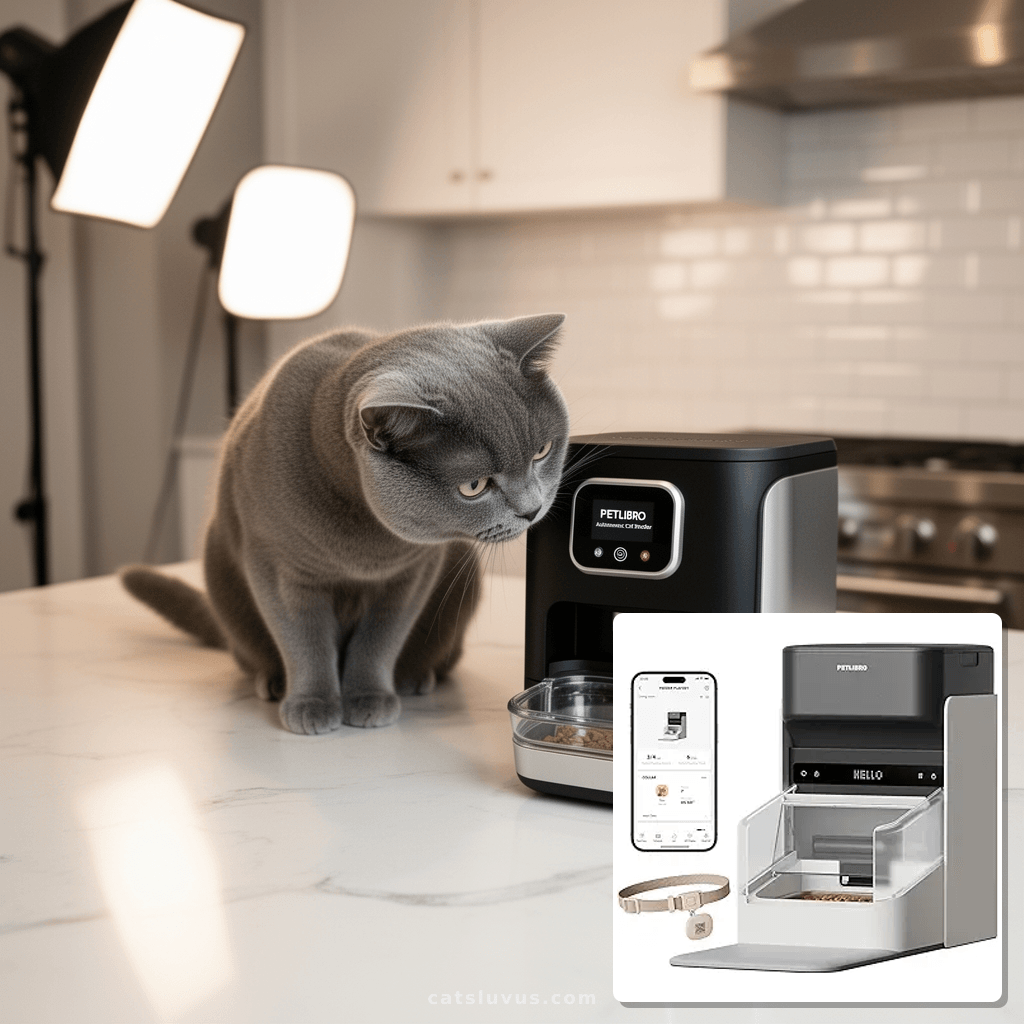 Automatic Pet Feeder with Active RFID Technology with cat - professional product lifestyle photo