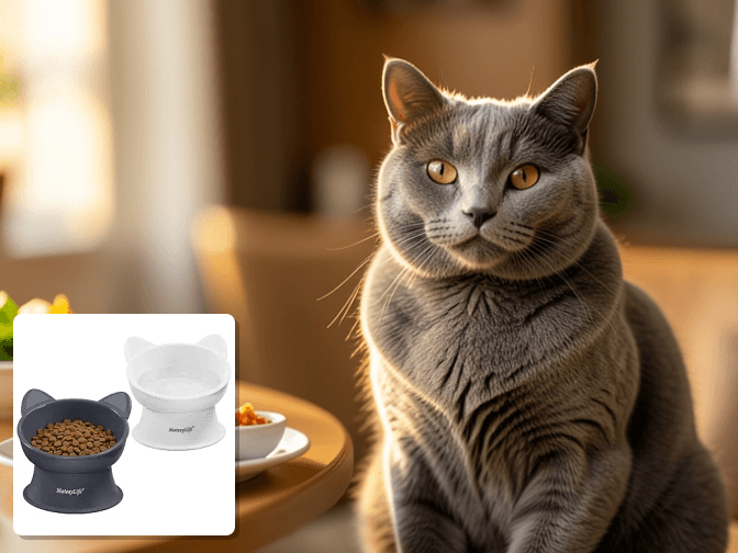 Cat owner reviewing raised cat food bowls for messy eaters options for their pet in 2026