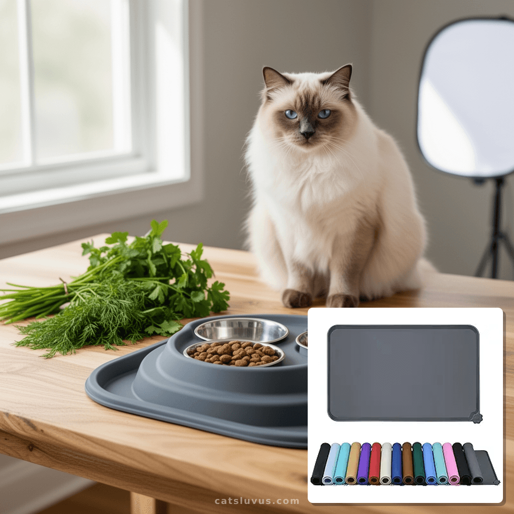 Waterproof Pet Feeding Mat with High Raised Edges with cat - professional product lifestyle photo