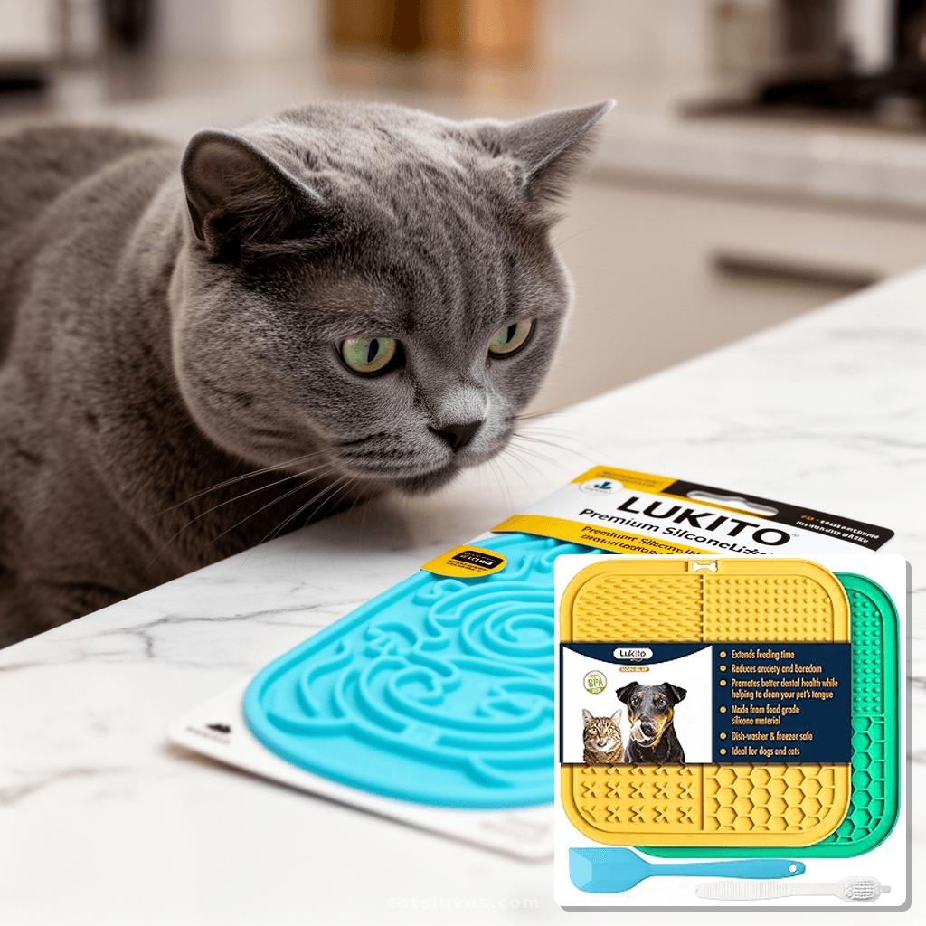 LUKITO Premium Silicone Licking Mat for Dogs & Cats with cat - professional product lifestyle photo