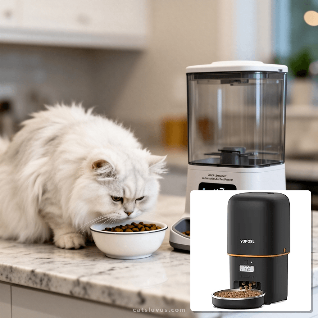 2025 Upgraded Automatic Cat Feeder - 4L Timed Auto Pet Feede with cat - professional product lifestyle photo