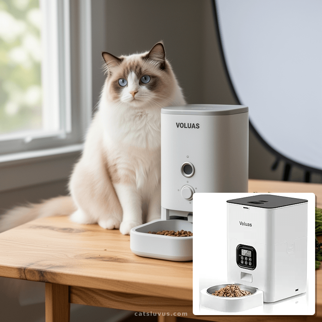 Timed Automatic Cat Feeder 2 Cats with Slow Feed: Dual Autom with cat - professional product lifestyle photo