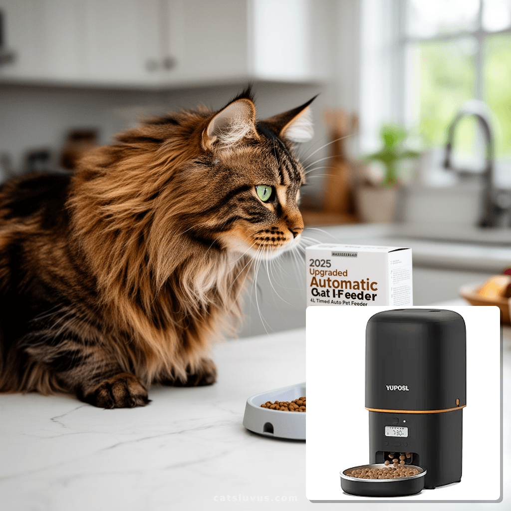 Automatic 2-Meal Cat Feeder - 48H Timed Wet Cat Food Refrige with cat - professional product lifestyle photo