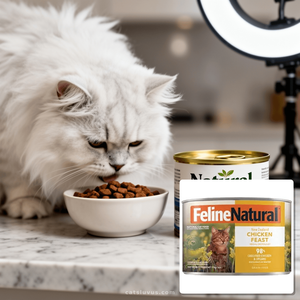 Feline Natural New Zealand Canned Catfood Wet Food with cat - professional product lifestyle photo