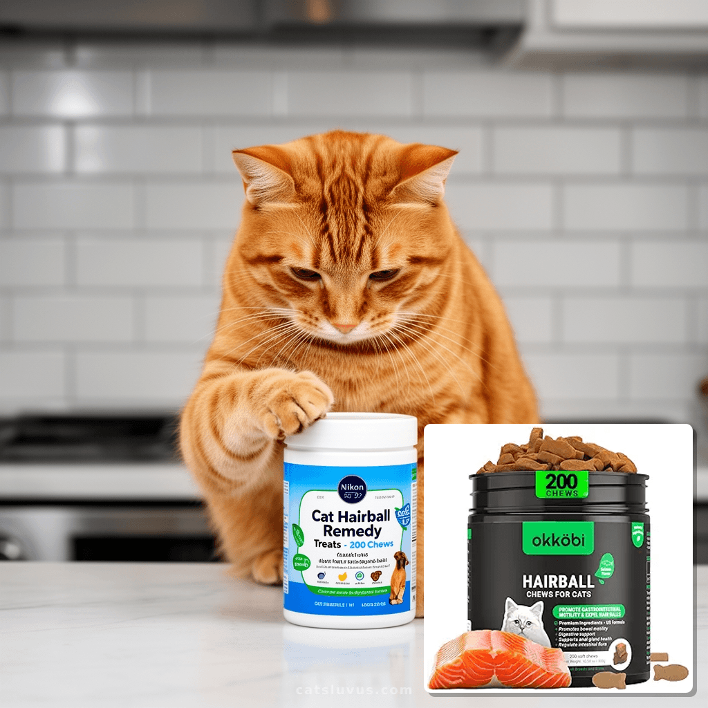 Cat Hairball Remedy Treats - 200 Chews - Cat Hair Ball - with cat - professional product lifestyle photo