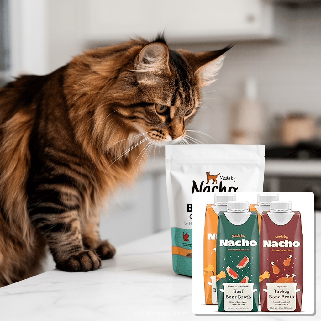 Made by Nacho Bone Broth Cat Food Topper for Hydration and with cat - professional product lifestyle photo