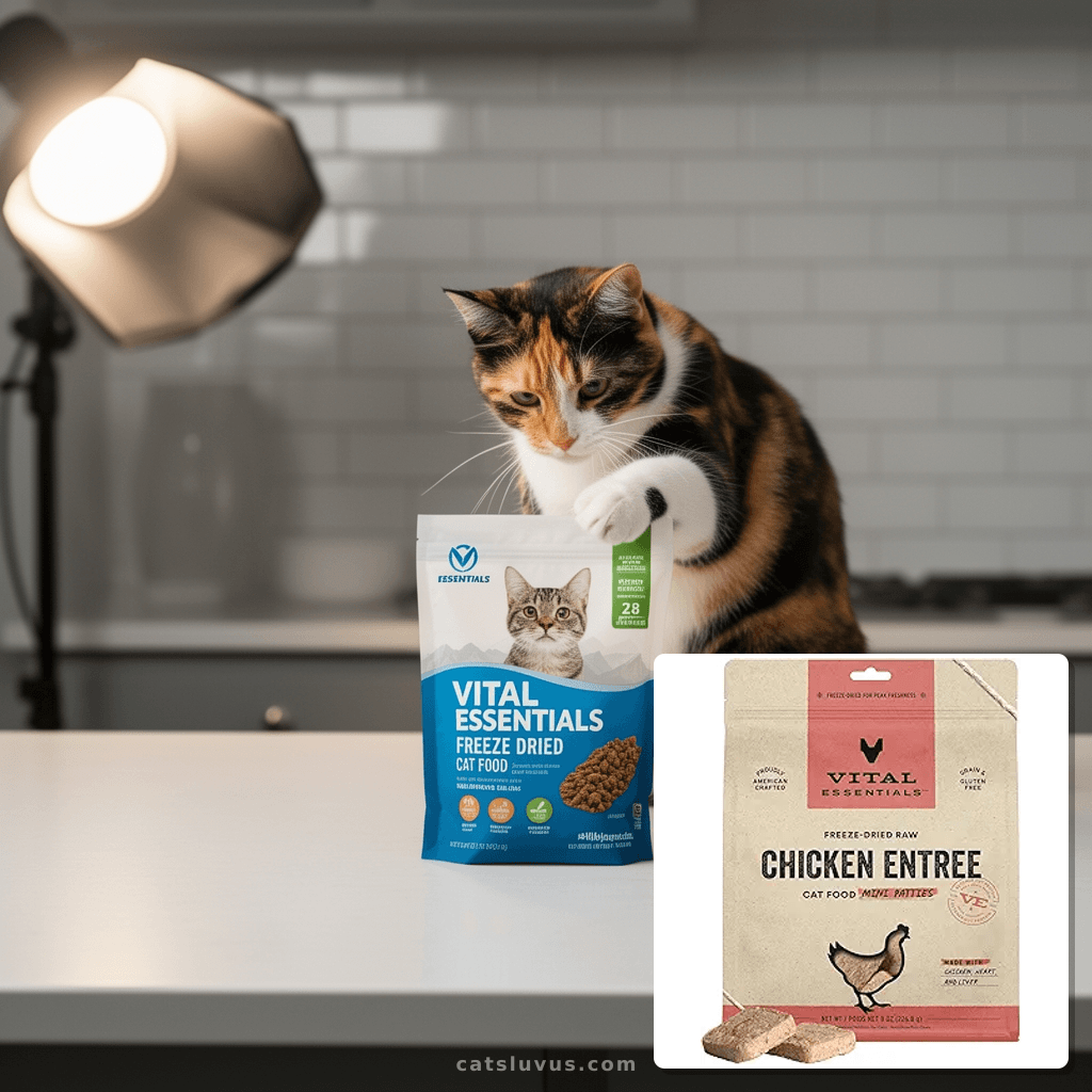 Vital Essentials Freeze Dried Cat Food with cat - professional product lifestyle photo