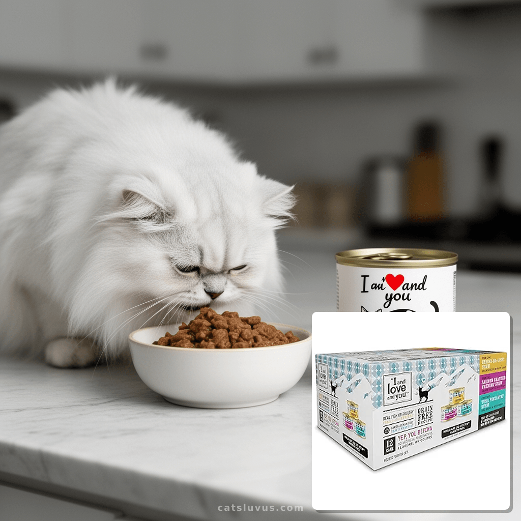 I and love and you Wet Cat Food - Ninja Cat Jiu Jit Stew with cat - professional product lifestyle photo