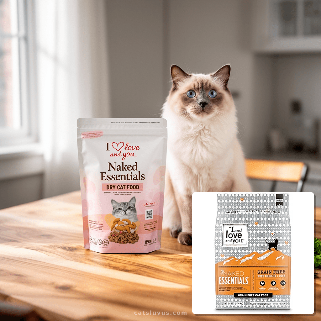 I and love and you Naked Essentials Dry Cat Food - Chicken with cat - professional product lifestyle photo
