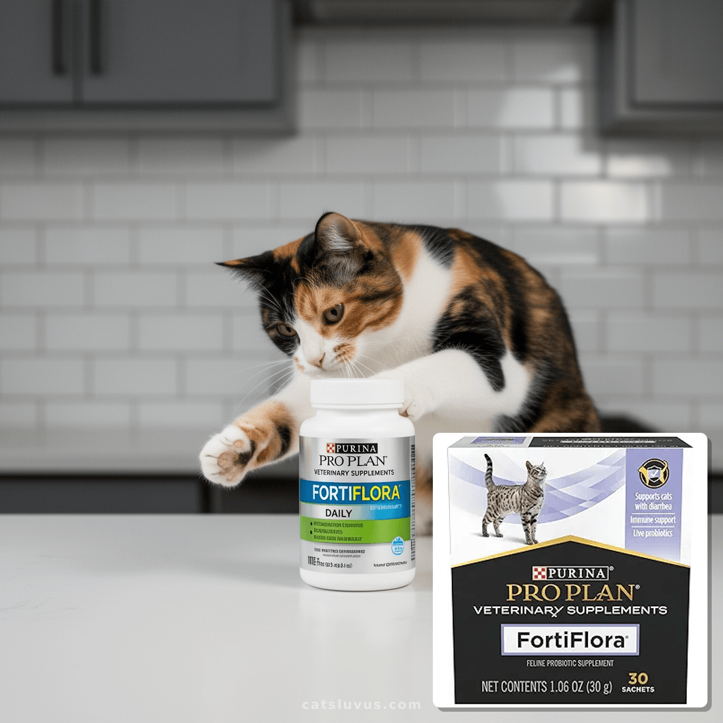 Purina Pro Plan Veterinary Supplements FortiFlora Daily with cat - professional product lifestyle photo