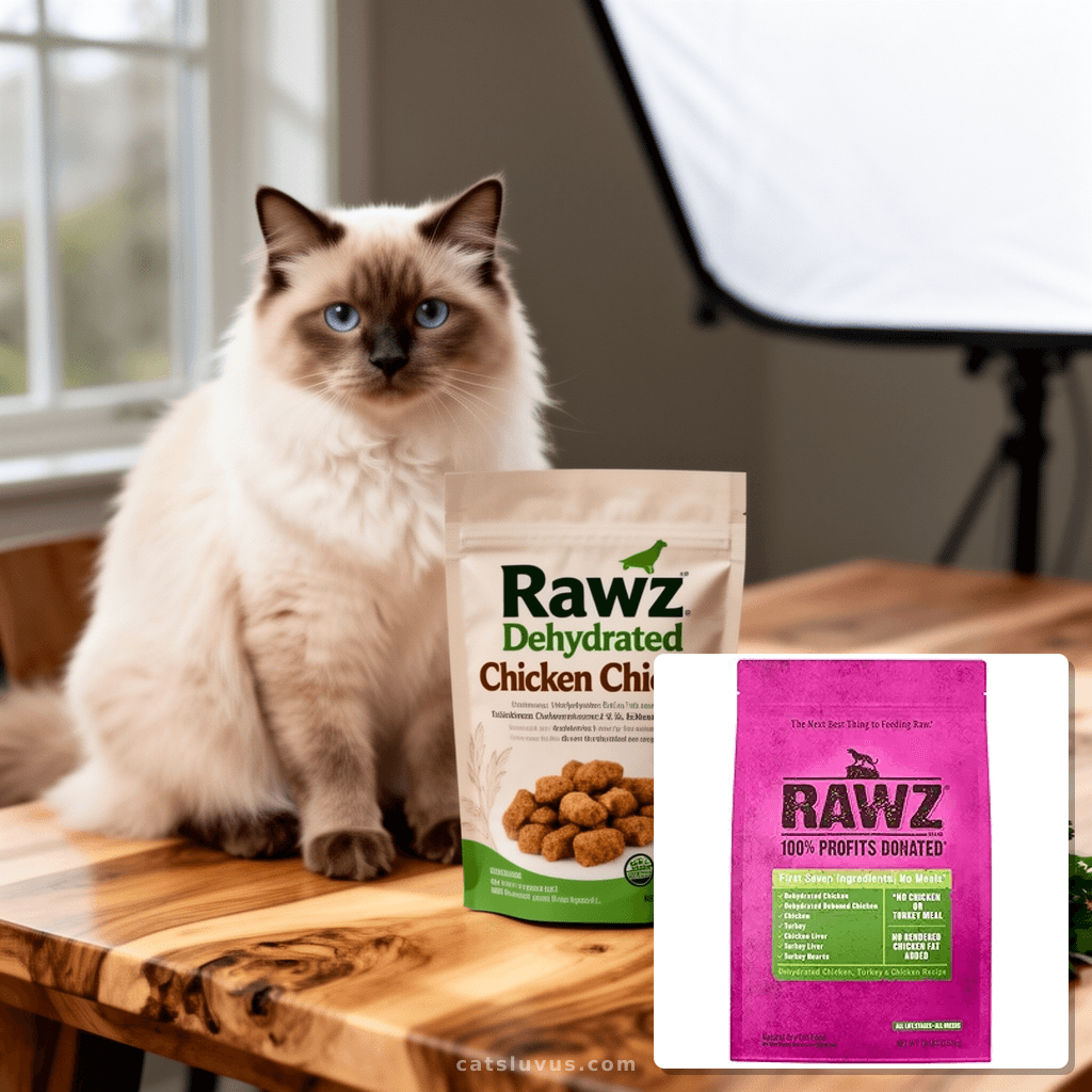 Rawz Dehydrated Chicken with cat - professional product lifestyle photo