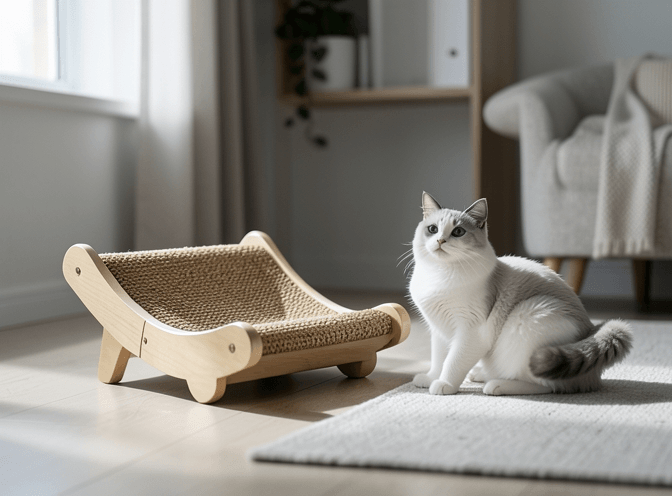 Cat owner reviewing cat furniture scratchers for senior cats options for their pet in 2026