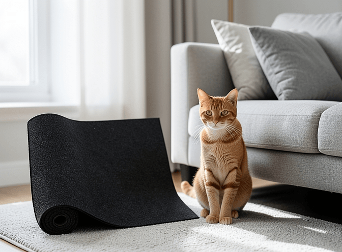 Cat owner reviewing cat furniture scratchers for small spaces options for their pet in 2026