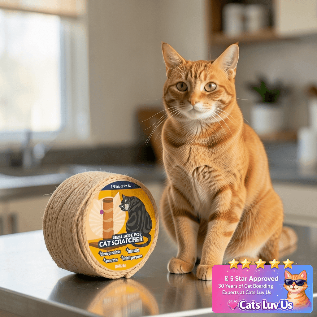 Pelzin Natural Sisal Rope for Cat Scratcher - 1/4 Inch by 50 with cat - professional product lifestyle photo