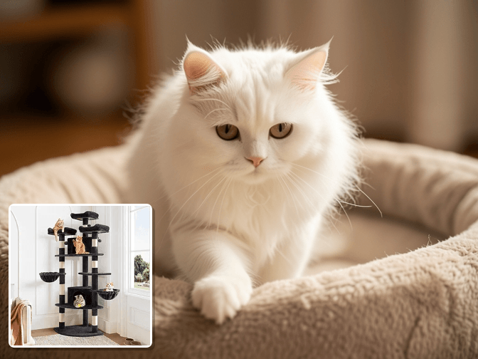 Cat owner reviewing corner cat tree for small spaces options for their pet in 2026