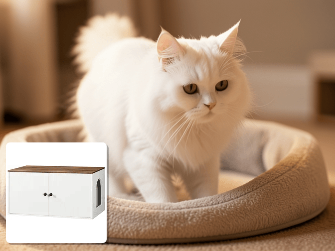 Cat owner reviewing hidden litter box furniture small spaces options for their pet in 2026