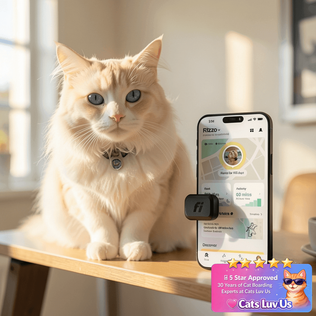 Fi Mini GPS Tracker for Cats, Lightweight Collar Attachment with cat - professional product lifestyle photo