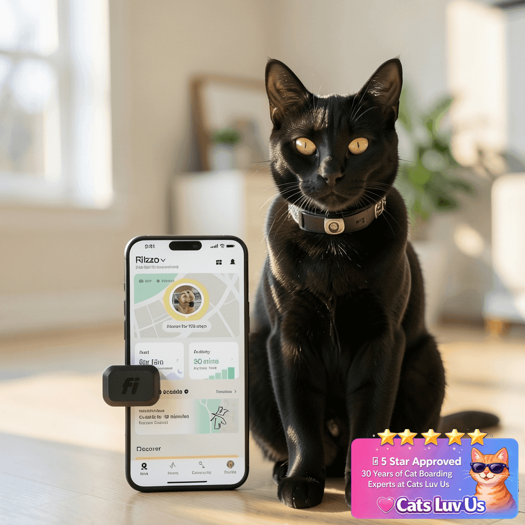 Fi Mini GPS Tracker for Cats, Lightweight Collar Attachment with cat - professional product lifestyle photo