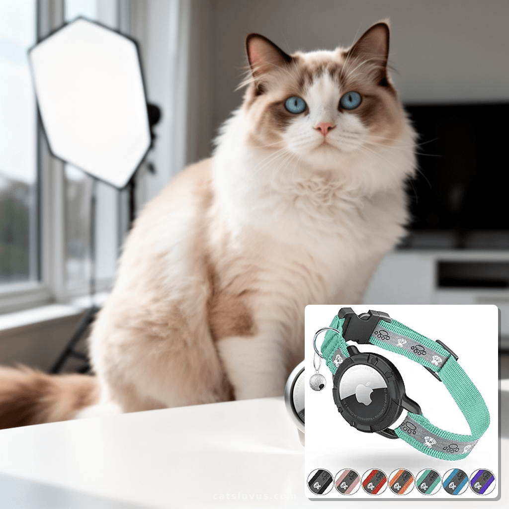 Reflective AirTag Cat Collar with cat - professional product lifestyle photo