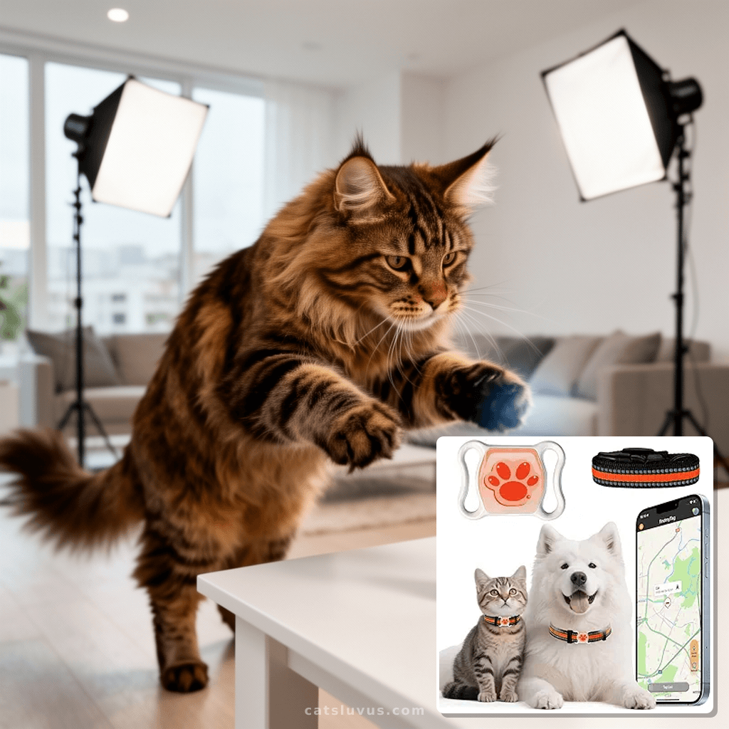 Pet GPS Tracker for Dogs & Cats - No Monthly Fee/Subscriptio with cat - professional product lifestyle photo