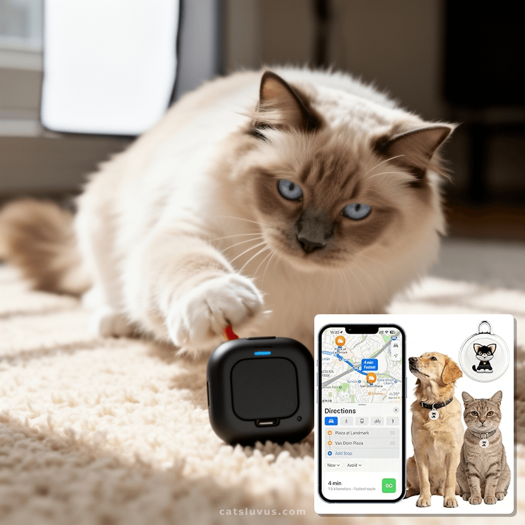 Smart GPS Tracker for Dogs|mini Easy to use Cat GPS Tracker| with cat - professional product lifestyle photo