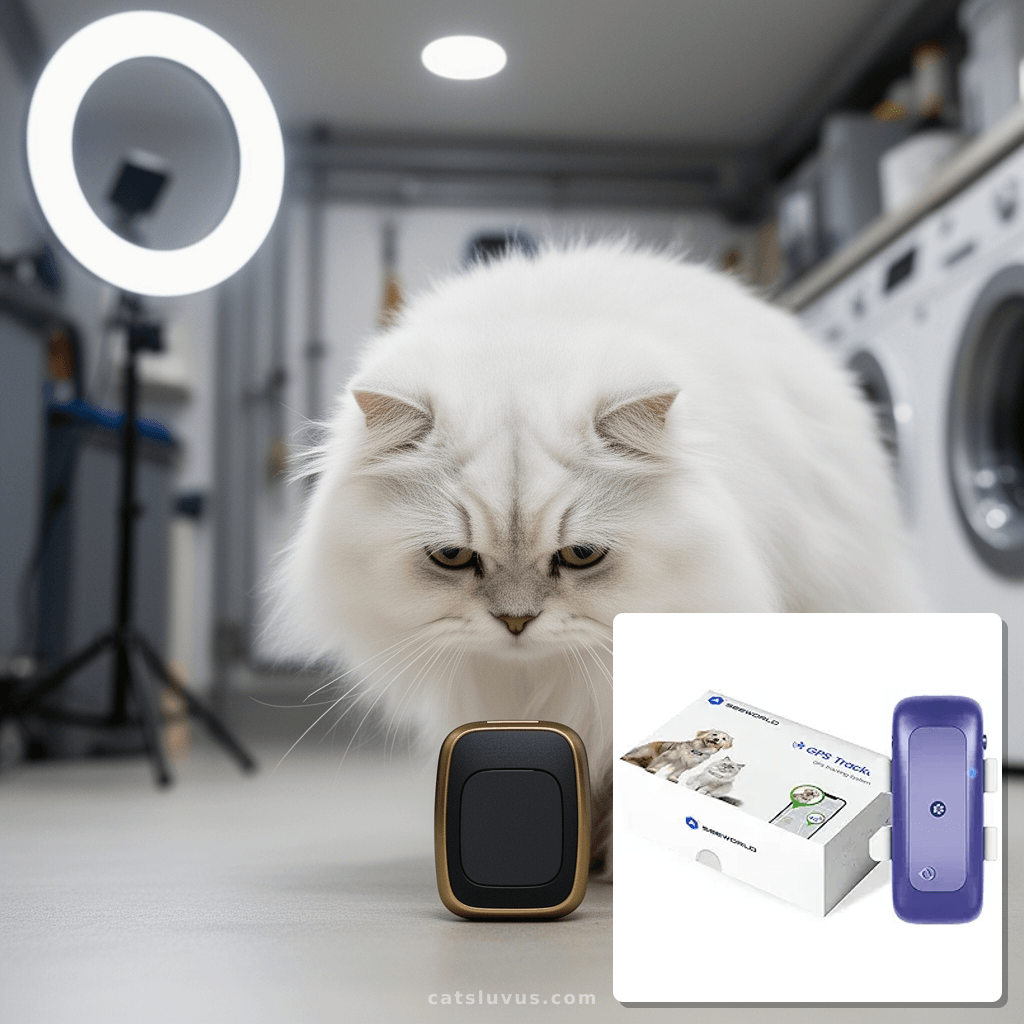 SEEWORLD Cat Tracker Mini GPS Pet Tracker for Dogs Cats Wate with cat - professional product lifestyle photo